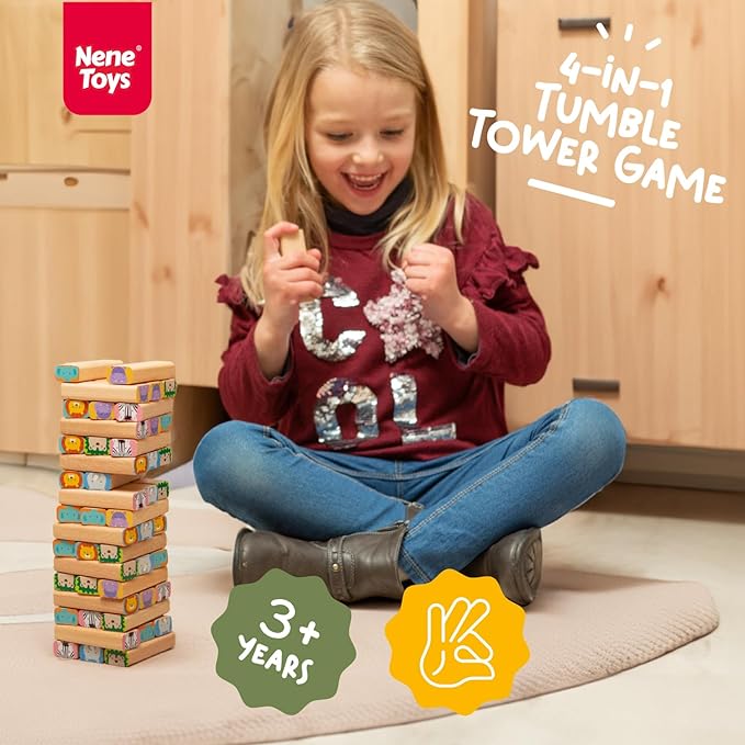 Nene Toys Wooden Block Stacking Game β 4-in-1 Tumble Tower Family Board Game with Building Blocks, Cards and Dice β African Safari Educational Wooden Toy for Kids 3-9 Years Old About Animals