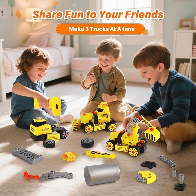 9 in 3 Take Apart Toys with Electric Drill Take Apart Truck Toys Construction Set DIY Engineering Building Toy Push Go STEM Toy Gift for Boys Toys Ages 4-7 Years Old Gift