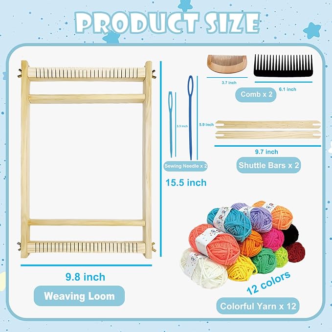 Sawvolker Weaving Loom Kit, Wooden Weaving Kit Multi-Craft Weaving Loom Tapestry Loom Large Frame 9.85x15.5 inch, DIY Hand-Knitting Looms Set with 12 Colors Acrylic Yarn for Kids, Adult and Beginners
