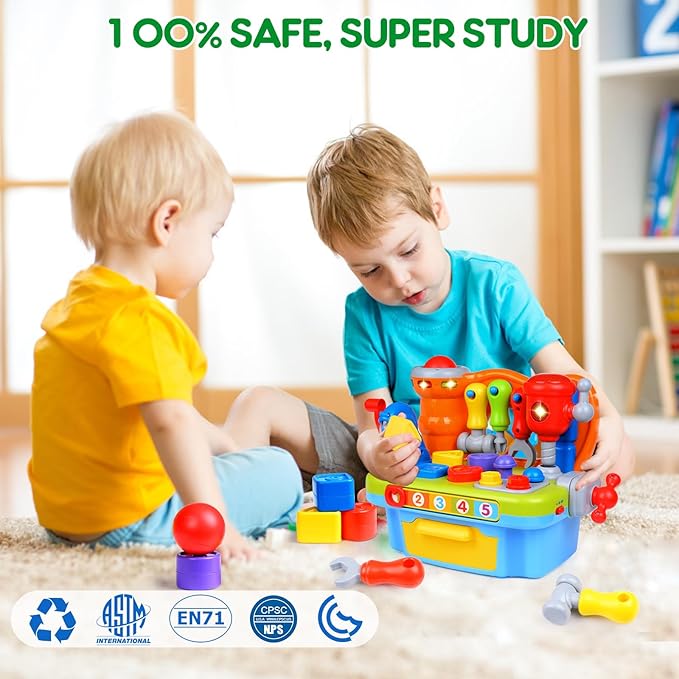 Toys for 1 Year Old Boy, Musical Toddler Tool Bench, Montessori Educational Toys with Sound Lights Effect, Shape Sorter, One Year Old Boy Birthday Gift, Engineer Pretend Play Workbench