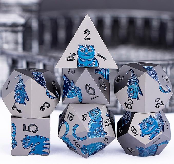 Metal DND Cat Dice 7PCS Polyhedral RPG Dice Set with Gift Case for Dungeons Dragons Role Playing Game, D and D Dice D6 D8 D10 D12 D20 D% (Grey Blue)