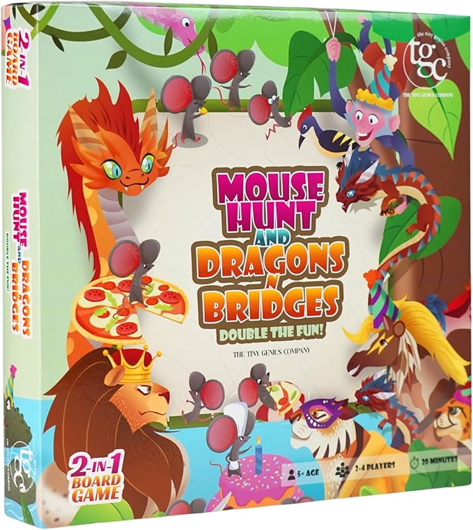 2-in-1 Family Board Game for Kids 5+ | Folding 19x19 Inch Board with 16 Pawns & Dice | Dragons & Bridges + Mouse Cafe | Educational & Fun Travel Game for Kids & Families