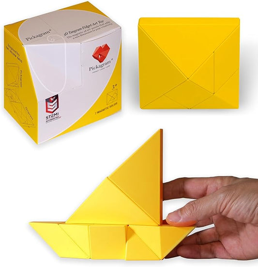 Pickagram Tangram 3D Magnetic Puzzle for Kids (8-12), Adults & Seniors | STEM Certified Fidget Puzzle - Magnetic Pattern Blocks for Cognitive Development, Creativity & Focus - Yellow