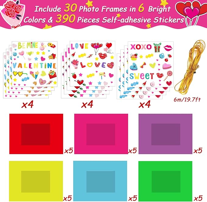 chiazllta 30 Packs Valentine’s Day Craft Kits for Kids: DIY Picture Frame Craft Heart Art Valentine’s Day Party Decoration Favor Home Classroom Game Activities