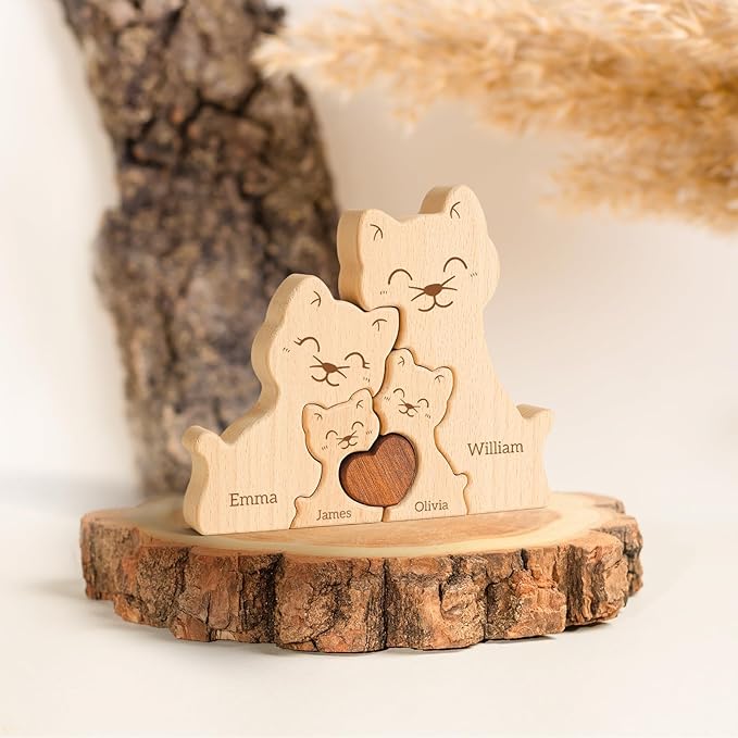 Wooden Cat Family Puzzle, Personalized Puzzles with 2-5 Names, Mothers Day Birthday Personalized Gifts for Mom Dad Grandma Kids Teen Boys Girls, Toddler Men Christmas Thanksgiving Decorations