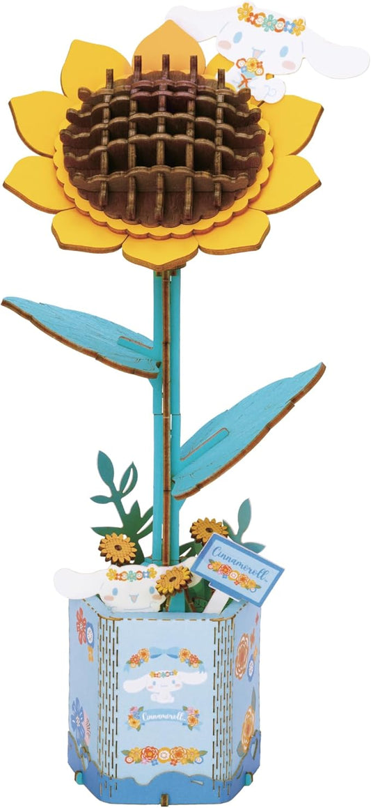 Hands Craft Hello Kitty and Friends Cinnamoroll Sunflower 3D Wooden Puzzle Kit | DIY Flower Model | Arts & Crafts | Creative Hobby Kits | Cinnamoroll Character | Wood Building Set