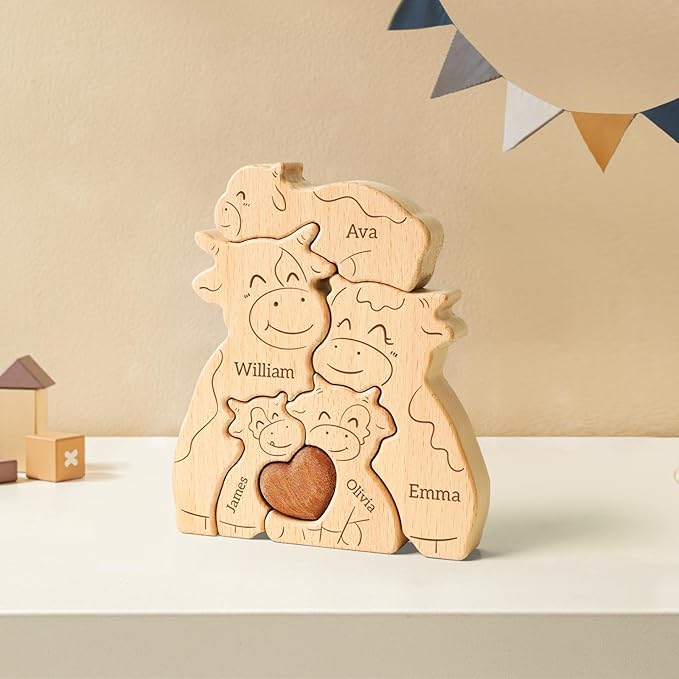 Wooden Cows Family Puzzle, Personalized Puzzles with 2–5 Names, Fathers Day Birthday Personalized Gifts for Mom Dad Kids Teen Boys Girls Grandma, Toddler Men Thanksgiving Gifts