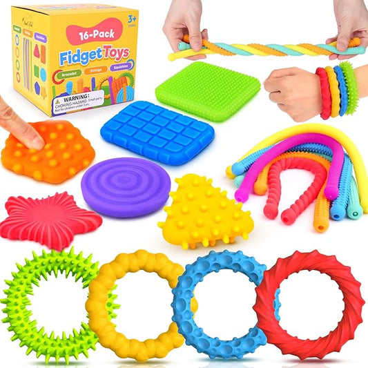 Sensory Fidget Toys for Kids Toddlers: 16 Pack Textured Squishy Quiet Fidget Toys for Autistic Special Needs - Sensory Stretchy Toys - Calm Down Toy for Classroom Students Prizes Office Anxiety Relief