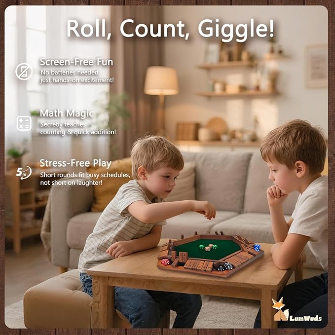 Shut The Box Game Wooden Board Game for 1-6 Players with 16 Dice, Dice Game for Adults & Kids at Home, Classroom or Parties