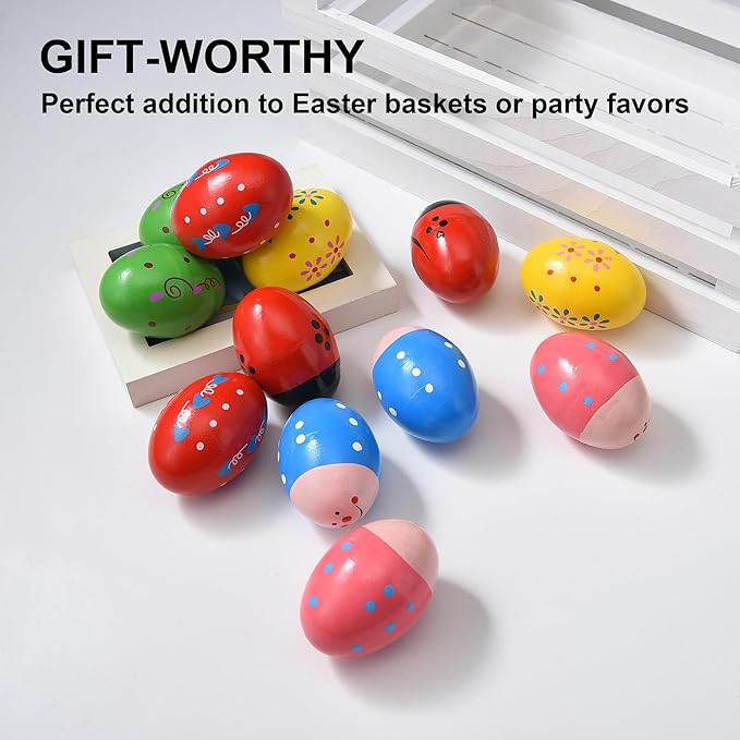 Easter Basket Stuffers, 12 Pcs Wooden Easter Eggs for Kids Babies, Egg Shakers Musical Percussion Instruments for Valentines Easter