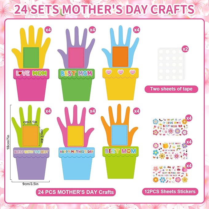 24 PCS Mother's Day Picture Frame Ornaments Paper DIY Photo Frame Craft Set Hanging Decorations For Mother Gifts(Flowerpot)