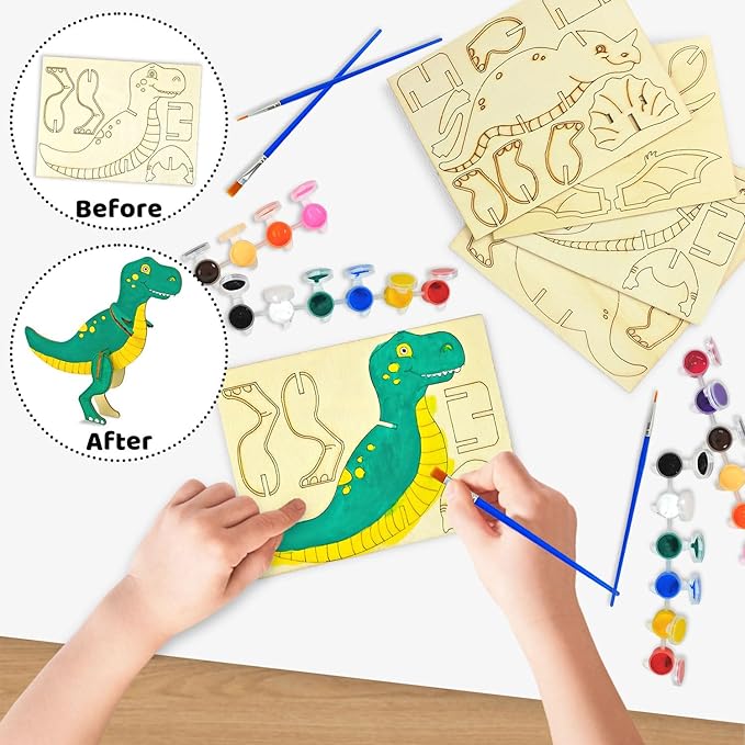 Vileafy Wooden Dinosaur Crafts for Kids Ages 4-8, 3D DIY Painting Kit with 6 Dinosaurs, Brushes & Paint -Arts and Crafts - Preschool Activity and Gift for Boys and Girls
