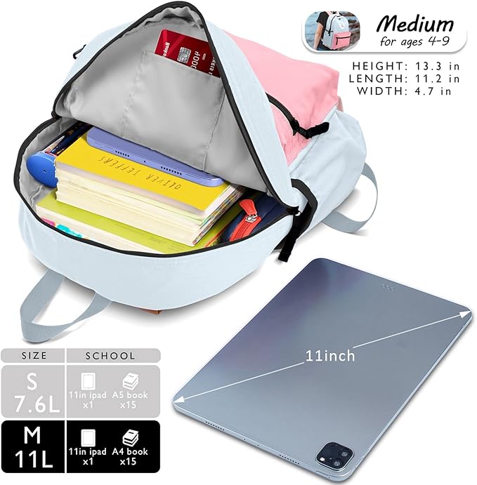 Kids Backpack, 1.0L, Cotton Candy, Kindergarten Elementary School, Lightweight, Soft Shell, Zipper, Unisex, Little Kid, Nylon, 13"H Fit A4 Folder, Adjustable Straps