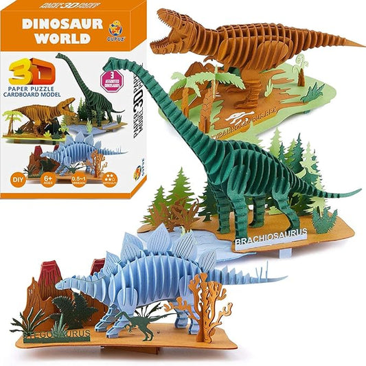 3D Paper Puzzle, 3 Assorted Dinosaurs, Premium Cardboard Models, DIY Kit for Child, Educational Craft -Rex, Stegosaurus, Brachiosaurus Puzzles