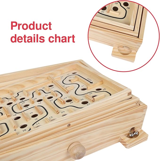 GOTHINK Wooden Labyrinth Game, Mable Ball Tilt Maze Board Game,Table Balance Game and Toy for Kids and Adults