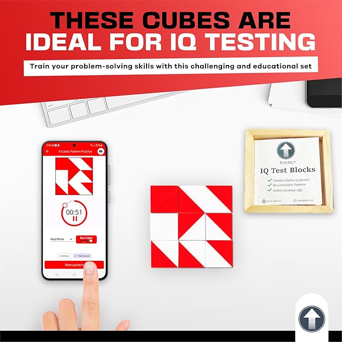 PrfcNL IQ Test Blocks - 9 wooden cubes in white and red with 60 patterns and mobile app, ideal for WISC, WAIS, WPPSI prep,educational STEM Montessori gift toy for All Ages Challenge