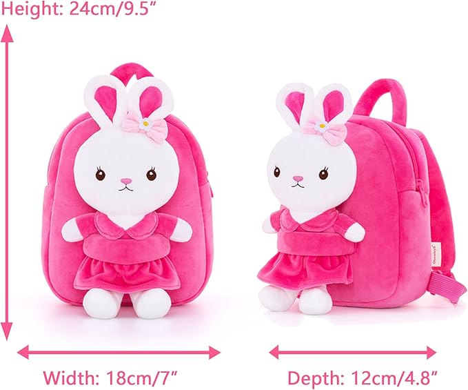 Gloveleya Kids Backpack Girl Backpack Toddler Girl Backpacks with Stuffed Bunny Toy Rose Red 9''