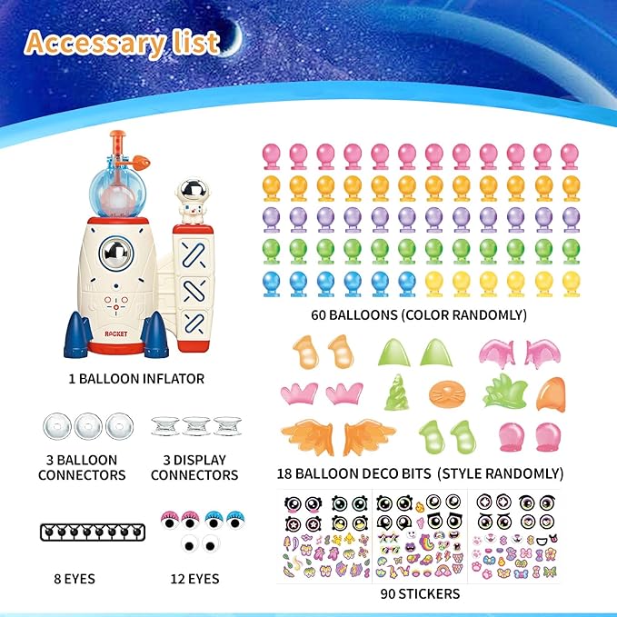 nicknack 195pcs Space Rocket DIY Balloons with Pump, DIY Sticky Balloon Maker Toy Craft Kits for Kids,Magic Balloon Kit with Bouncy Balloons Stickers Accessories, Toy Gift for Kids Boys Girls Ages 3+