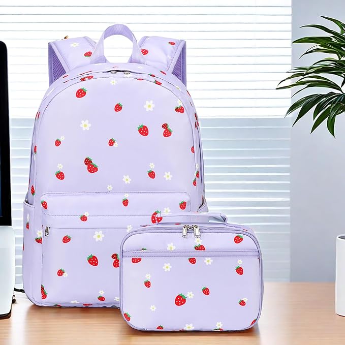 LEDAOU Kids School Backpack with Lunch Box for Girls Boys Kindergarten BookBag School Bag Preschool Toddler Backpack(Purple Strawberry)