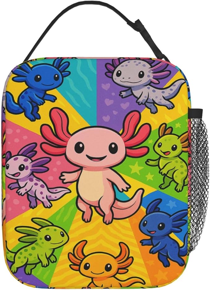 Colorful Axolotl Lunch Bag for Women Men Adults, Insulated Lunch Box for Work, Sports, Travel, Picnic,Hiking, Fishing, Cute Cartoon Salamander Theme Lunchbox Gifts