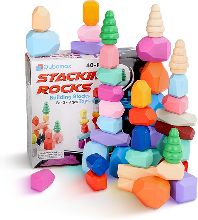 Wooden Stacking Rocks - 40 Pcs Montessori Sensory Learning Toys for Kids 3-9 | Balance Building Blocks Educational STEM Toys for Boys Girls