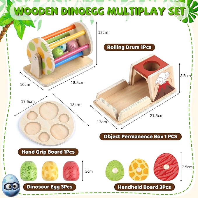Montessori Wooden Baby Toy Dinosaur Egg Toy Set for 6+ Months, Spinning Drum, Object Permanence Box Ball Drop Toy, Stacking Matching Shape Puzzle Game Early Learning Gift for Toddlers (Neutral Colors)