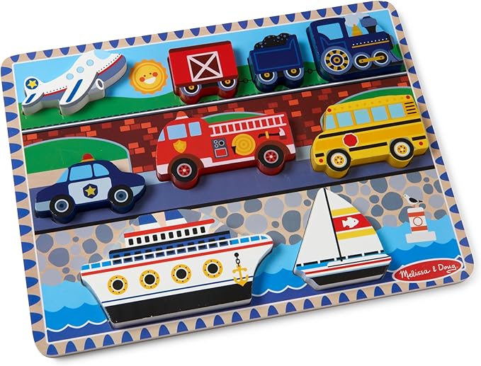 Melissa & Doug Vehicles Wooden Chunky Puzzle - Plane, Train, Cars, and Boats (9 pcs) - FSC Certified