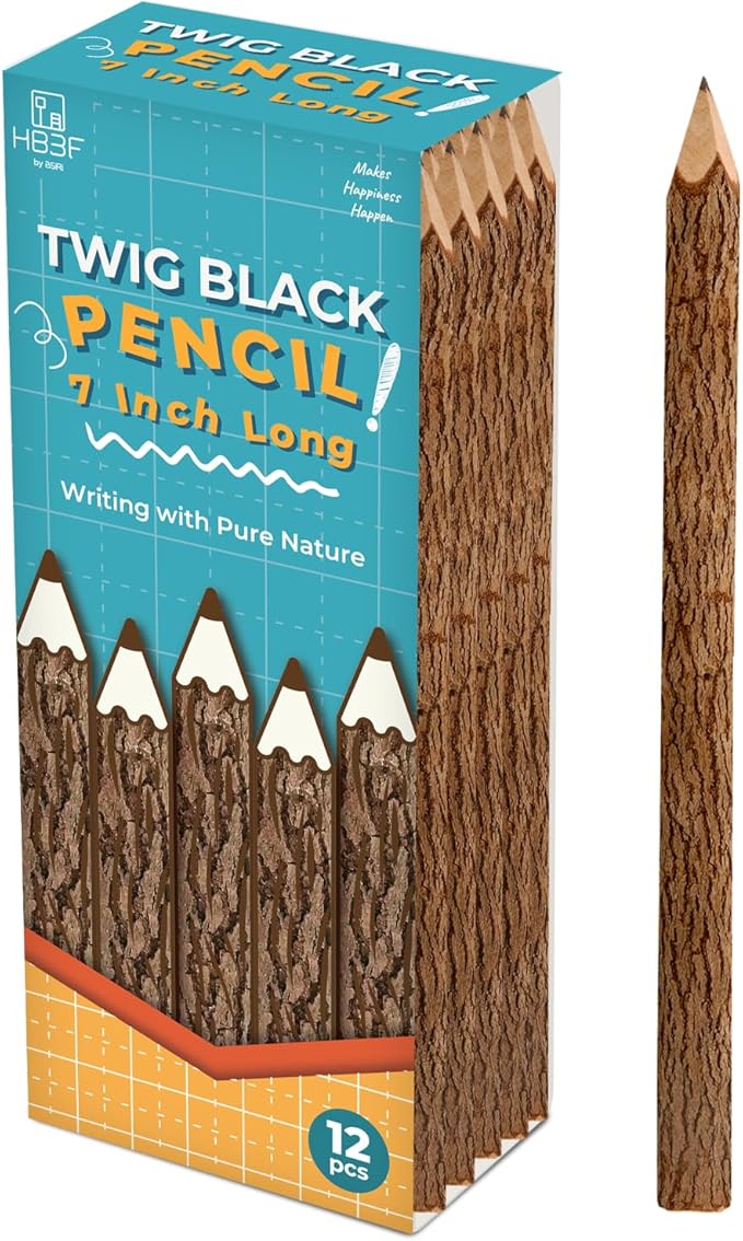 BSIRI Black Pencils Wood Pack of 12 in 7 Inch Tree Bark Wooden Favors in Rustic Twig Pencils Unique Gifts Camping Lumberjack Decorations Party Supplies Novelty Gifts as Natural Pencil
