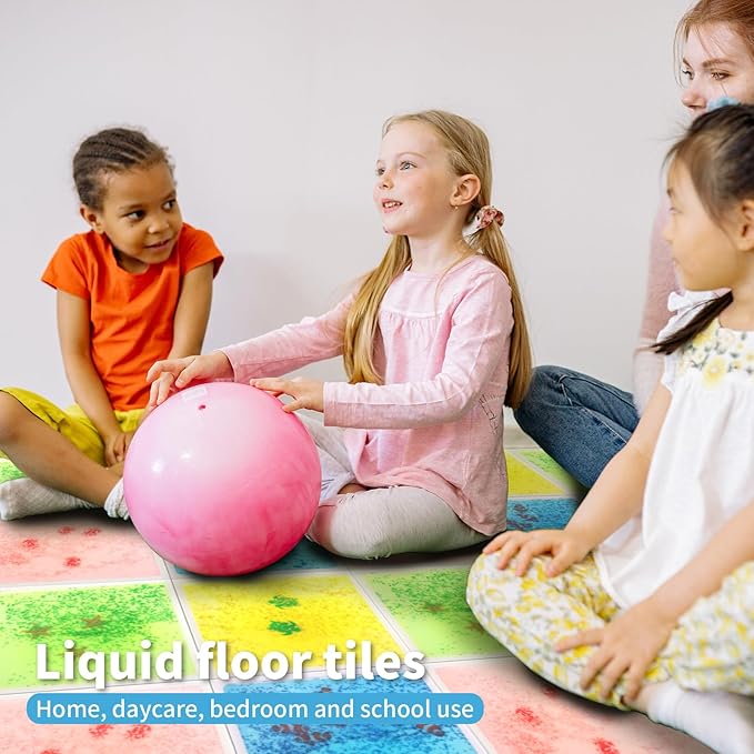 Art3d 4-Pack Liquid Sensory Floor Tiles, Colorful Liquid Fusion Senroy Dance Play Mat for Kids Toddler, 11.8"x11.8" Sea World