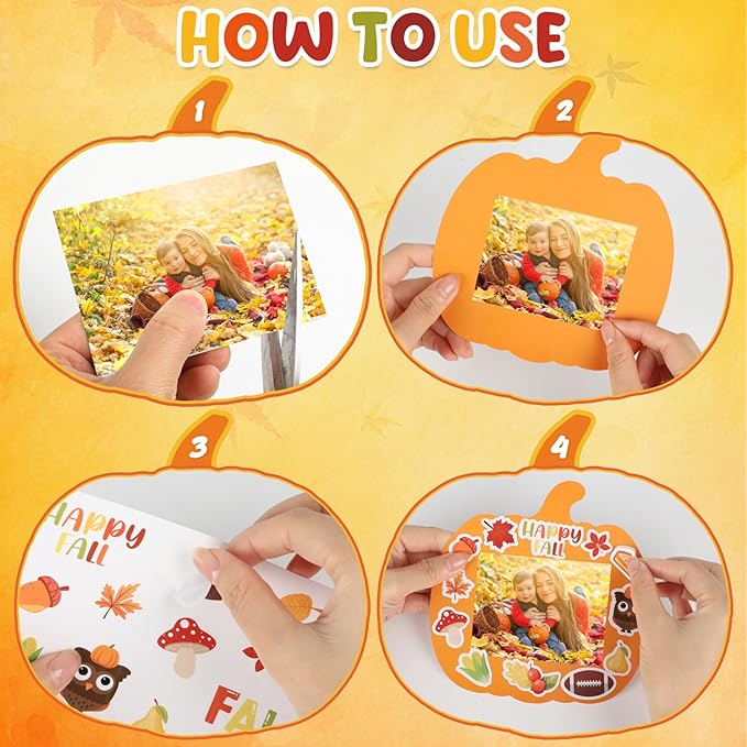 24 PCS Fall Picture Frame Crafts Paper Thanksgiving DIY Photo Frame Crafts Pumpkin Maple Leaf Pine Cone Photo Holder Decor for Thanksgiving Game Activity (Pumpkin)