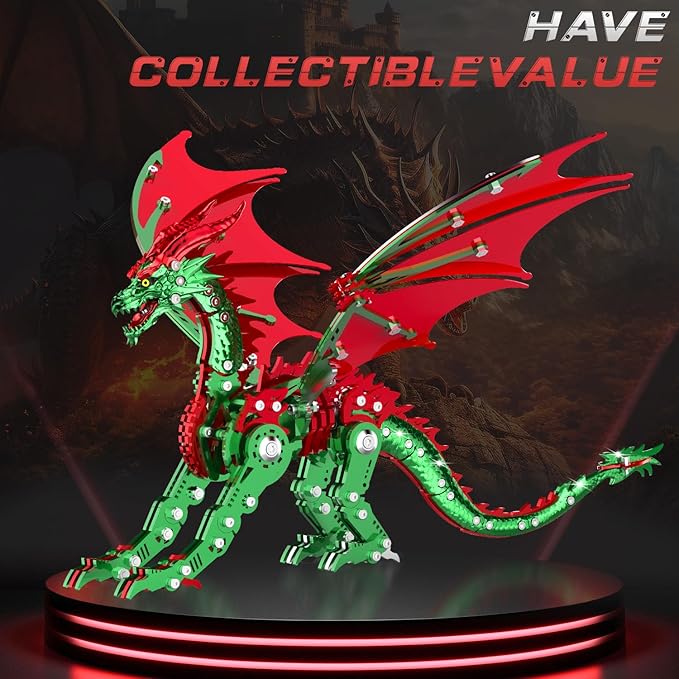 3D Puzzles for Adults,Metal Dragon Puzzle Building Set,Collectible Mechanical Engineering Crafts for Home Office Decoration & Gift(Red-Green