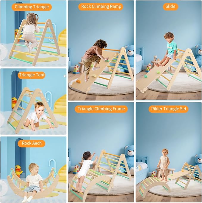 Pikler Traingle Set 7-in-1 Wooden Climbing Kits Toy Foldable Montessori Toy Jungle Gym Playing Sets with Arch-Ramp-Ladder Indoor Climber(Climbing Sets)