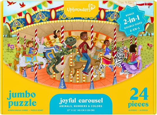 Joyful Carousel Animals Numbers and Colors - 24 Piece 2-Sided Beginnger Puzzle,Toddler Boy,Girl, Ages 3-5, Counting Activity with African American-Diverse Children at Play