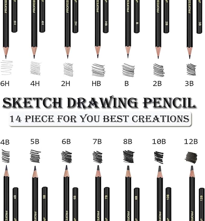 Sketch Pencils Set for Drawing, 14 Pack Graphite, for Art, Pencil kit for Sketching, Shading, Artist Pencils for Beginners Pro Artists