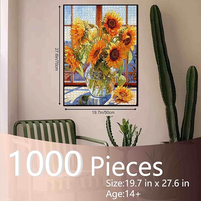 Sunflowers in Glass Vase Jigsaw Puzzle, Flowers 1000 Pieces Jigsaw Puzzles for Adults,27 x 20 Inches Puzzles for Families,HD Quality Abstract Floral Landscape Photo Puzzle Gift,Game Nights