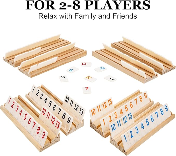 Upgraded 6-8 Players Rummy Cube Board Game Set with 8 Wooden Racks, 214 Tiles, Portable Case, Drawstring Bag and Dice, for Adults Friends Night Gifts Travel Party Sharpens Brain