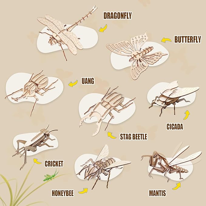 ELX Wooden 3D Puzzles for Kids 6+, 8 Piece Set Insect Animal Models, Wood Building Kits DIY Wooden Crafts Stem Toys peresents for Kids and Adults