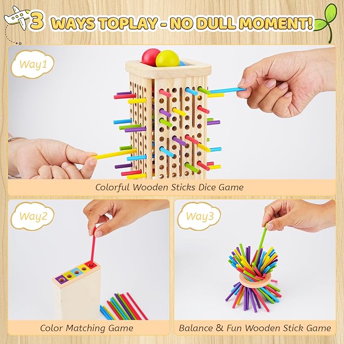 Apeso Montessori Game Wooden Board Games, 3-in-1 Colorful Sticks Dice Game Math Game Fine Motor Skills Toys for 3 4 5 6 Years Old, Educational Learning Gifts for Kids Family Travel Games