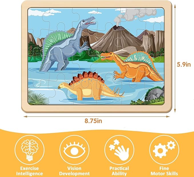 Puzzles for Kids Ages 4-6, 4 Pack Wooden Jigsaw Puzzles with 24 Pieces Each, Dinosaur Puzzle Preschool Educational Learning Toys Set for Boys and Girls