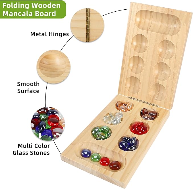 Mancala Board Game Set, Portable Travel Wooden Folding Set, Fun Table Games for Kids Adults Family Night, 48 Multi Color Glass Stones, Birthday, 2 Players Games
