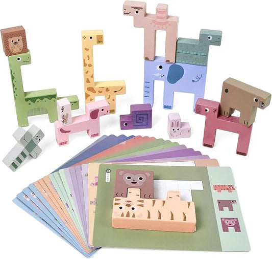 Vileafy Wooden Puzzles for Toddlers 3-5 – Montessori Animal Wooden Stacking Puzzle Toy, Preschool Learning Toy & Shape Matching Blocks for Kids