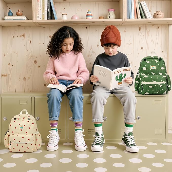 Corduroy Kids Backpack for Girls and Boys 5-8: Girls Backpack for Elementary Kindergarten - 15 inch Cute Backpacks for Kids - Strawberry