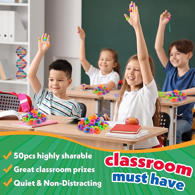 Fidget Toys Sensory Rings for Kids: 50 Pack Textured Fidget Rings Bulk - Sensory Toys for Autism Calming - Quiet Classroom Prizes Treasure Box Stocking Stuffers