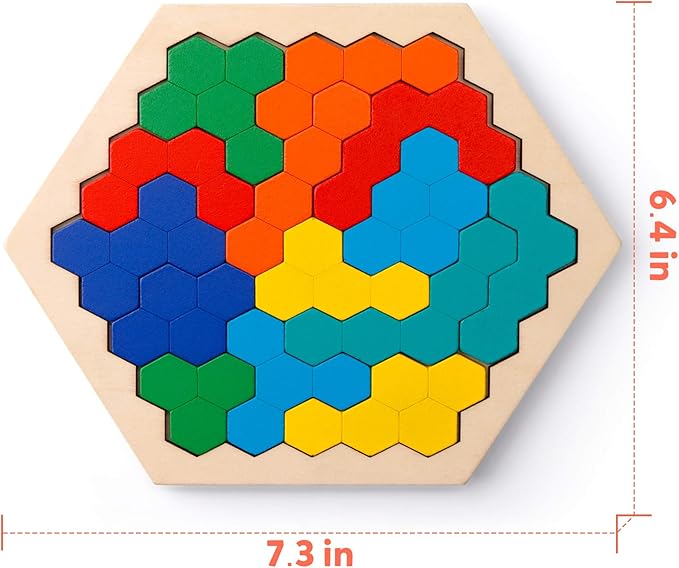 Coogam Wooden Hexagon Puzzle for Kid Adults - Shape Pattern Block Tangram Brain Teaser Toy Geometry Logic IQ Game STEM Montessori Educational Gift for All Ages Challenge