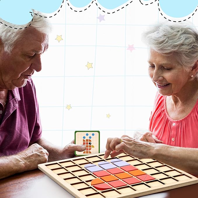 Soulchen 130 Pcs Wooden Matching Puzzle for Elderly Dementia, Colorful Shape Memory Building Blocks, Occupational Therapy Activities for Alzheimers Patients, Senior Care Gift Nursing Home Thanksgiving