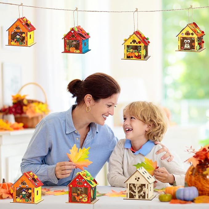 12 Thanksgiving Fall Crafts Wooden House for Boy, Girl & Adult, Fall Activities Kit DIY with Paint Pen Pumpkin Turkey Owl, Thanksgiving Arts and Crafts for Classroom Party Favors & Gift Supplies Bulk