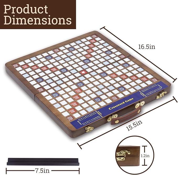 Wooden Folding Crossword Board Game – Word Game Set with 100 Letter Tiles, Sand Timer, Pencil, Racks & Bag – Portable Wooden Game for Adults & Family