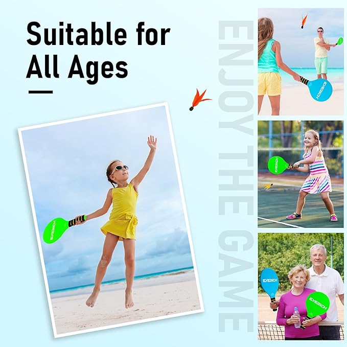 EVERICH Upgraded Toss Catch Paddle Ball Game Set, Outdoor Racket Games for Kids Adults, Beach Pool Sand Lawn Toy Includes 8 Paddles 8 Balls 8 Birdies 2 Flying Disc, Birthday Easter Gift for Boys Girls