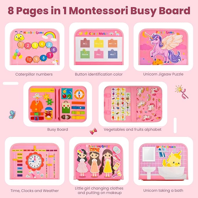 Busy Book for Toddlers 1-3, Montessori Toys Busy Board for 1 2 3 4 Year Old Girl Birthday Gift Educational Learning Quiet Activity Book Airplane Car Travel Toys for Tollders Kids 1-3