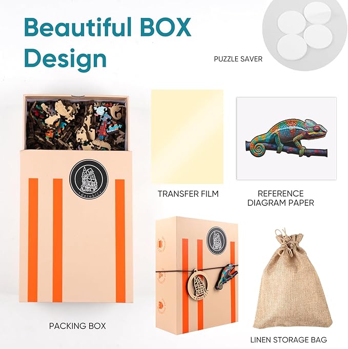 delobil Wooden Puzzles for Adults, Chameleon Jigsaw Puzzles 200 Piece, Unique Shape Puzzles for Adults and Kids, Fun Challenging Puzzles Family Game Gift, Medium Size 15.6 x 7.6 Inches